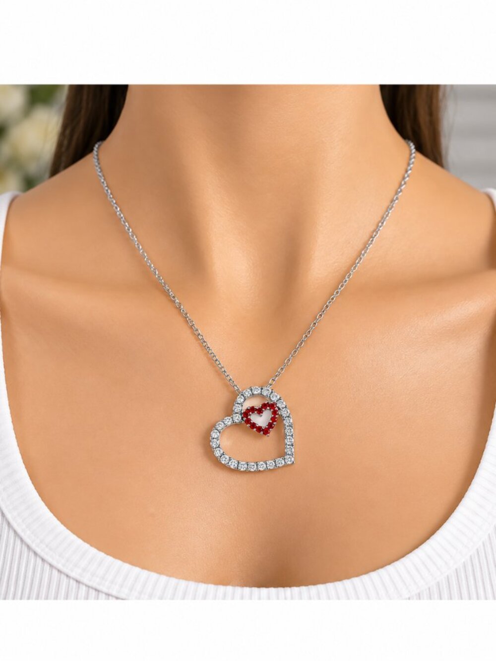 NWT Giani Bernini Silver Necklace with Red Heart Accents